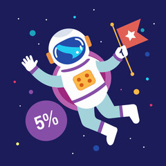 Illustrated astronaut floating in space with a sign saying "50% OFF!" vektor illustation