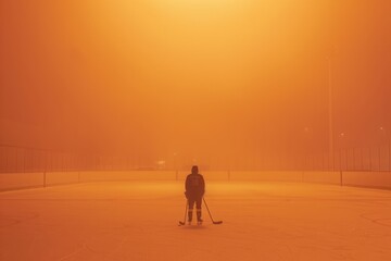 Fototapeta na wymiar a single hockey player standing alone on the hockey field. orange foggy mood