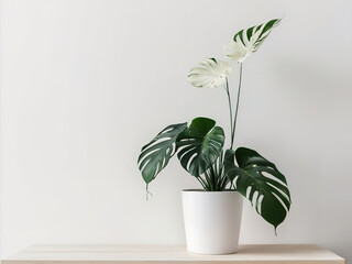 Monstera plant in a white pot on a wooden shelf against a white wall