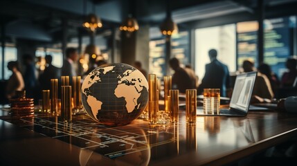 Global Market Trends in Finance and Business Investment Consulting with Images of Consultants in the Background Interacting with International Clients and Analyzing Market Trends - obrazy, fototapety, plakaty