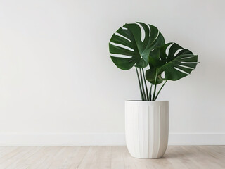 Monstera plant in white vase on wooden floor and white wall background