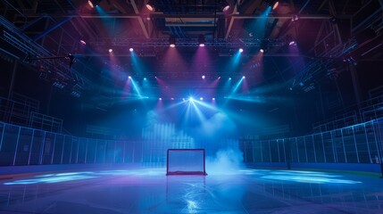 hockey arena, goalie net in center, stage lighting, dramatic