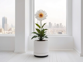 White dahlia flower in a white pot on the windowsill with a view of the city