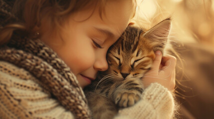 A young girl cuddling a fluffy kitten, her heart overflowing with love and affection as she strokes its soft fur with gentle care. - obrazy, fototapety, plakaty