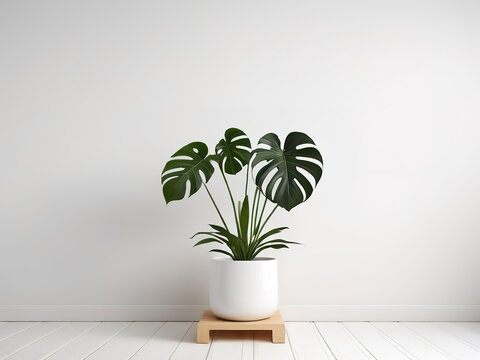 Monstera plant in white pot on white wall background. 3d render