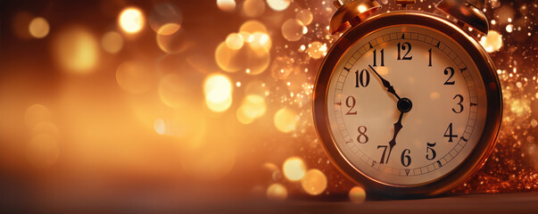clock and fireworks on glittering or sprakling background.