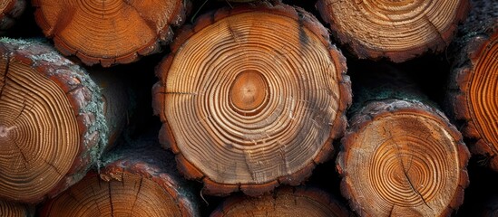 Macro photography capturing the intricate patterns of annual rings on a pile of wood logs, showcasing the natural beauty and craftsmanship of tree trunks.