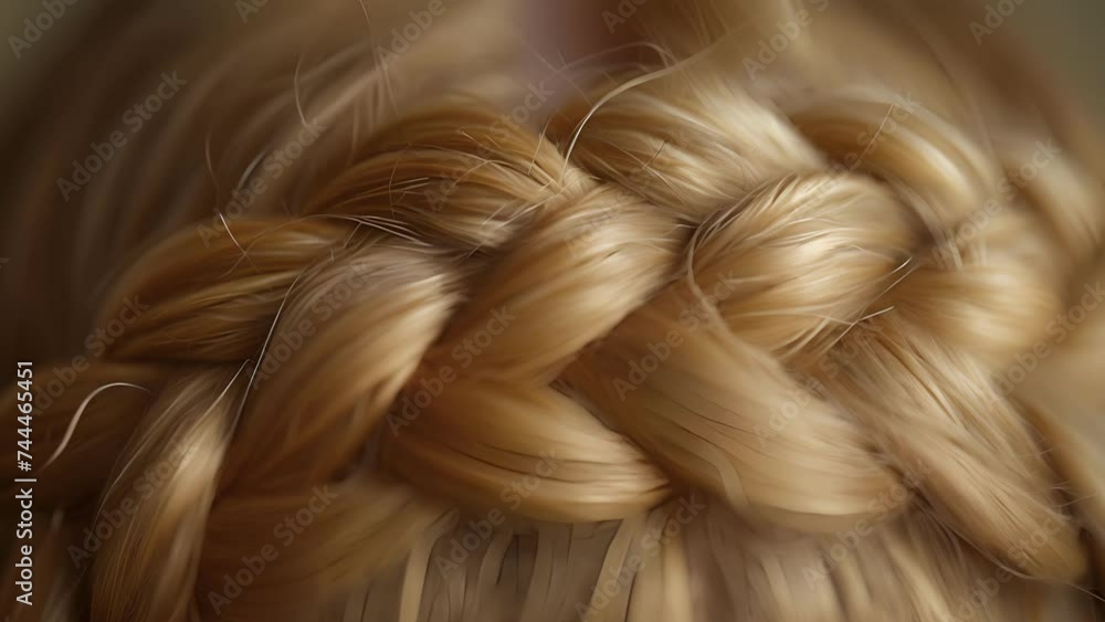 Poster closeup of a braided crown with intricate textures and soft tendrils escaping in the wind.