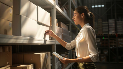 Fototapeta na wymiar woman in a white shirt and olive green pants reaching for a white box on a shelf in a warehouse.