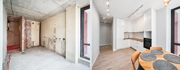 Modern apartment before and after restoration or refurbishment. Comparison of old kitchen room and new place with parquet floor, table, kitchen counter, stove and white walls. Home renovation concept. - obrazy, fototapety, plakaty