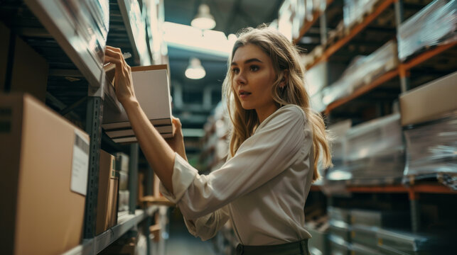 woman in a white shirt and olive green pants reaching for a white box on a shelf in a warehouse.
