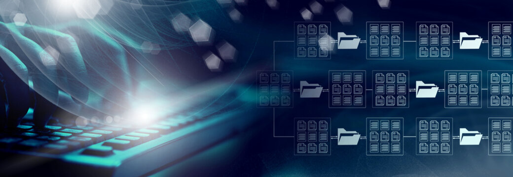  Online documentation database; AI document management system DMS concept.  FTP (File Transfer Protocol), Secure FTP. Internet cloud technology, exchange information and data storage concept.