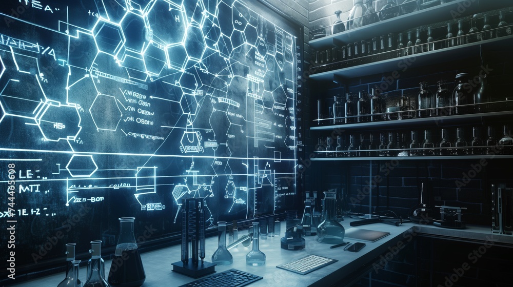 Poster the wall displays chemical compositions in the style of mathematical structures, showing skillful pr