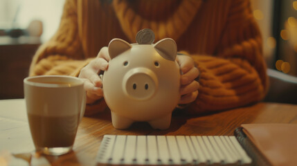 person is sitting and inserting a coin into a piggy bank, with a calculator, a glass jar full of coins, and stacks of money on the table in front of them.