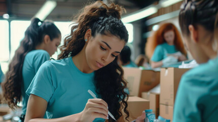 focused young woman wearing blue t-shirt, likely volunteer, involved in a charitable activity, such as packing boxes - obrazy, fototapety, plakaty