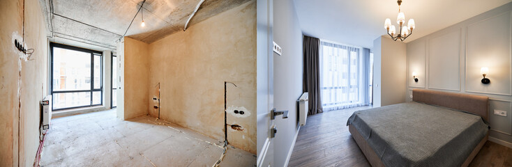 Comparison of bedroom with large panoramic window before and after renovation. Photo collage of old...