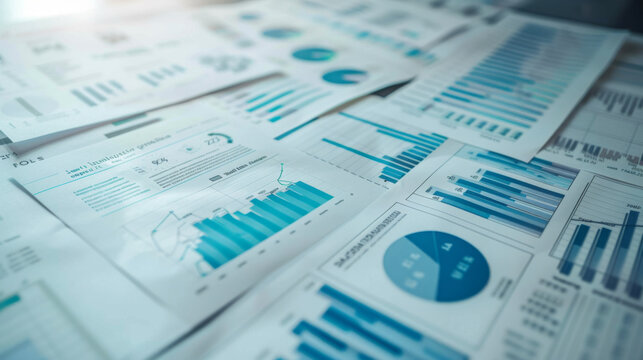 collection of business analytics charts and graphs, including bar graphs, line charts, and pie charts