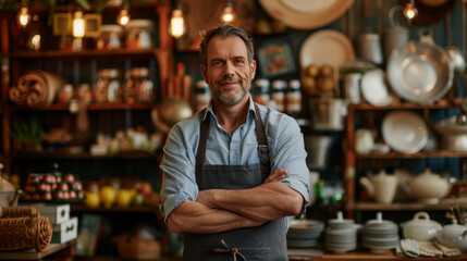 cheerful man with crossed arms wearing a denim shirt and a gray apron, standing in a cafe - Powered by Adobe