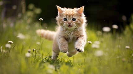 Naklejka na ściany i meble A beautiful cat jumps in a summer meadow, runs merrily through a clearing, throwing its paws and tail high.