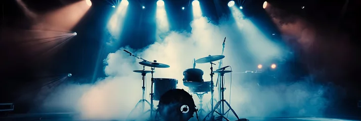 Fotobehang Live drum on stage with spotlights illuminating smoke music and concert background. silhouette concept © john