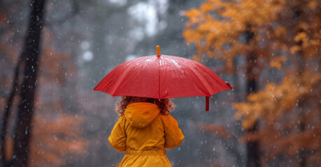 A little girl walks in the rain in the park