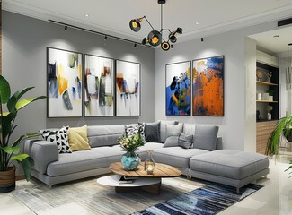 Living room with couch, coffee table, paintings on wall