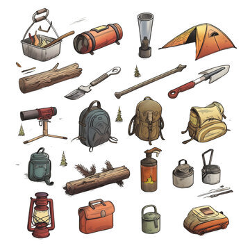 Cartoon icons set of various objects for design and illustration, including tools, camping gear, guns, and war symbols