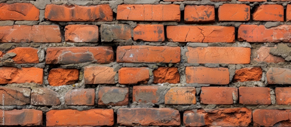 Poster a detailed shot of aged red brickwork showcasing the intricate pattern of rectangular bricks. the bu