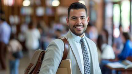 Obraz premium smiling bearded man in a business suit with a tie, standing confidently in a classroom setting, implying he is a teacher or a professional educator.