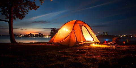 Starry night sky over a solitary tent glowing on the ground. Concept Starry Night, Tent Photography, Solitude, Glowing Light, Nature Portrait