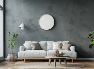 Furniture in living room couch, coffee tables, mirror on grey wall
