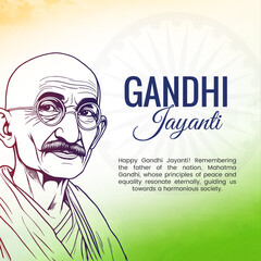 Gandhi Jayanti greeting card with a yellow background, featuring a sketch of Mahatma Gandhi. Honors the father of the nation with a message of peace, harmony, and equality