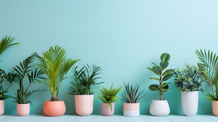 Various green houseplants on the sides with space in the center for text. Pastel-colored background. Realistic.