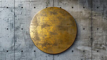 Golden metal plate on concrete wall.