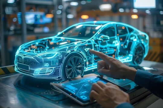 Automotive Engineer Uses Digital Tablet with Augmented Reality for Car Design Analysis and Improvement. 3D Graphics Visualization Shows Fully Developed Vehicle Prototype Analyzed and Optimized