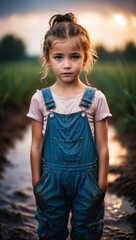 A small girl in denim overalls stands on a rural track as the sun sets behind her, giving a serious look.