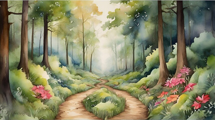 Enchanting wild forest path with watercolor effect. Wall art wallpaper. generative.ai