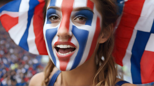 portrait of a happy person wearing france flag face paint. generative.ai