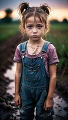 Fototapeta premium Curious Young Girl Standing on a Muddy Country Road at Sunset