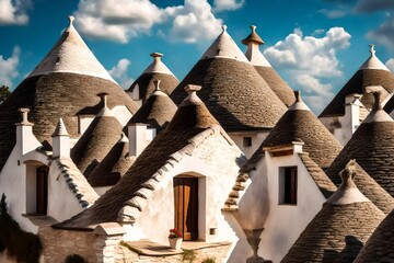 Conical roofs of trulli in Alberobello.. Each trullo is decorated with pinnacle and symbol . Conical roofs of trulli in Alberobello - Powered by Adobe