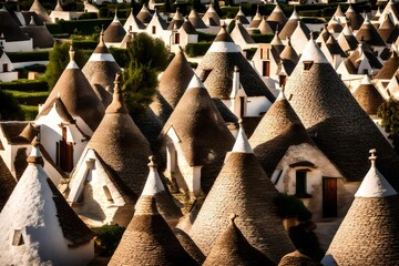 Conical roofs of trulli in Alberobello.. Each trullo is decorated with pinnacle and symbol . Conical roofs of trulli in Alberobello - obrazy, fototapety, plakaty