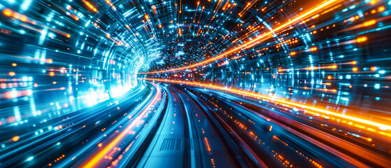 Fototapeta na wymiar High-Speed Technology Movement, Futuristic Night City Tunnel, Blurred Motion in Urban Transportation, Blue Light and Fast Travel Concept