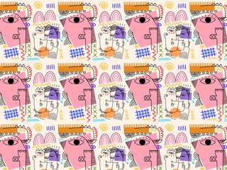 Seamless pattern abstract face portrait person geometric, doodle, line art vector illustration. Graphic design for textile, fabric, wallpaper, wrapping, fashion and background.