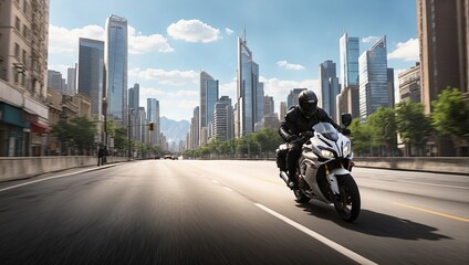 Fototapeta na wymiar a person riding a motorcycle on a city street