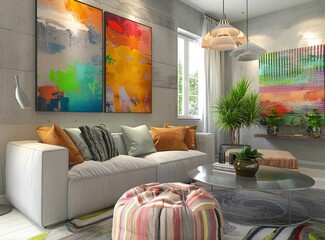Interior design with furniture, paintings, and lighting in a living room
