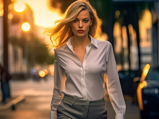 Blonde hübsche Frau in weisser Bluse geht durch die Stadt am Abend, Generative AI - obrazy, fototapety, plakaty