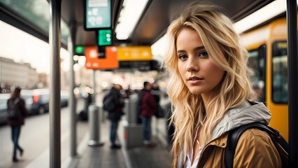 Attractive blonde female tourist waiting for public transport on bus stop. Portrait of pretty attractive blondie standing keeping holder in public transport. Generative AI - obrazy, fototapety, plakaty