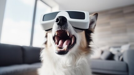 A young cheerful dog sits, in casual clothes, in a modern room, wearing a white VR virtual reality headset. daylight