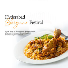 Hyderabad Biryani Festival Poster - Biryani Dish: Promote the Hyderabad Biryani Festival with this appetizing poster featuring a delicious biryani dish, highlighting the culinary event.