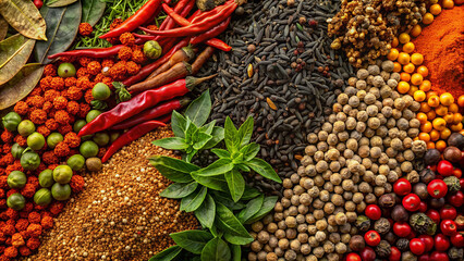 Fototapeta premium a lot of paprika, pepper, greens, spices in bulk, background, texture